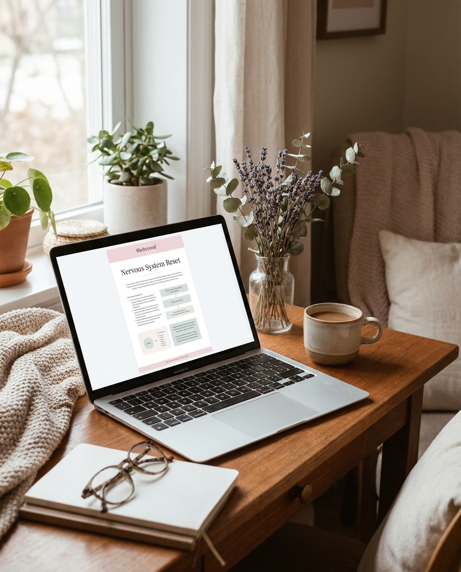 Nervous System Reset open on a laptop on a cozy desk