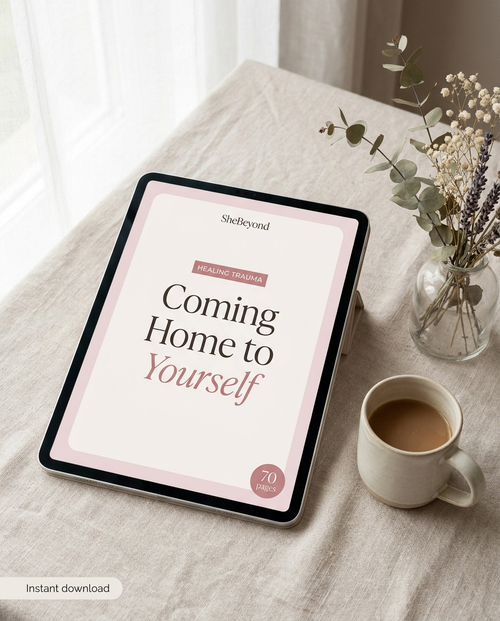 Coming Home to Yourself workbook cover on a tablet - instant download