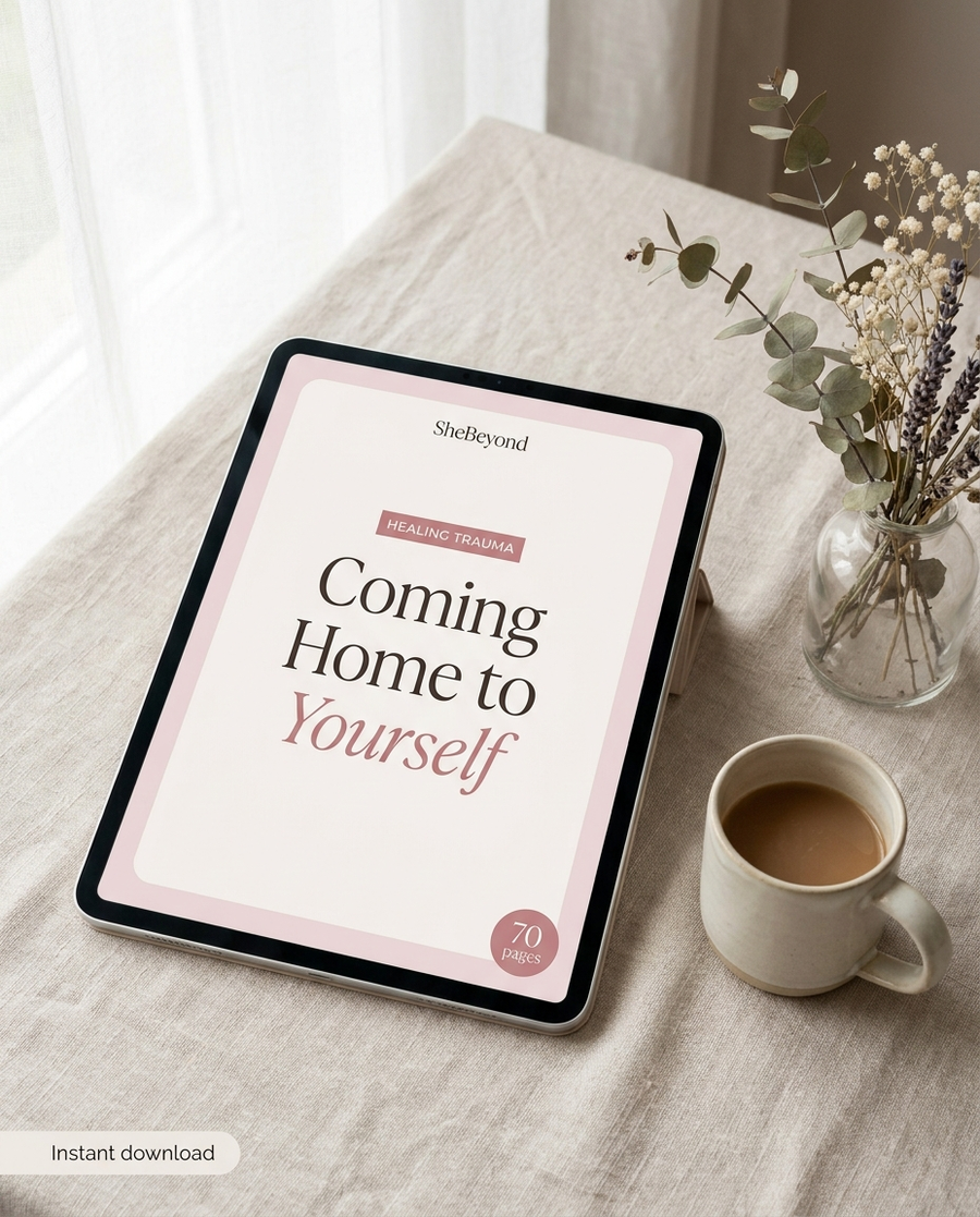 Coming Home to Yourself workbook cover on a tablet - instant download