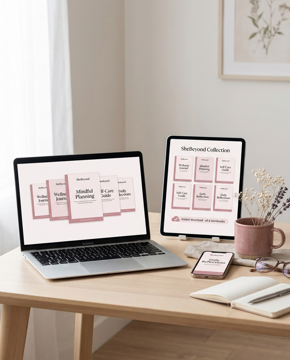 All 6 workbooks on tablet, phone and laptop