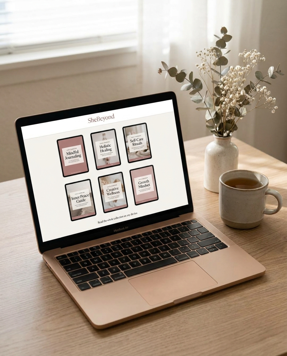 The SheBeyond library open on a laptop